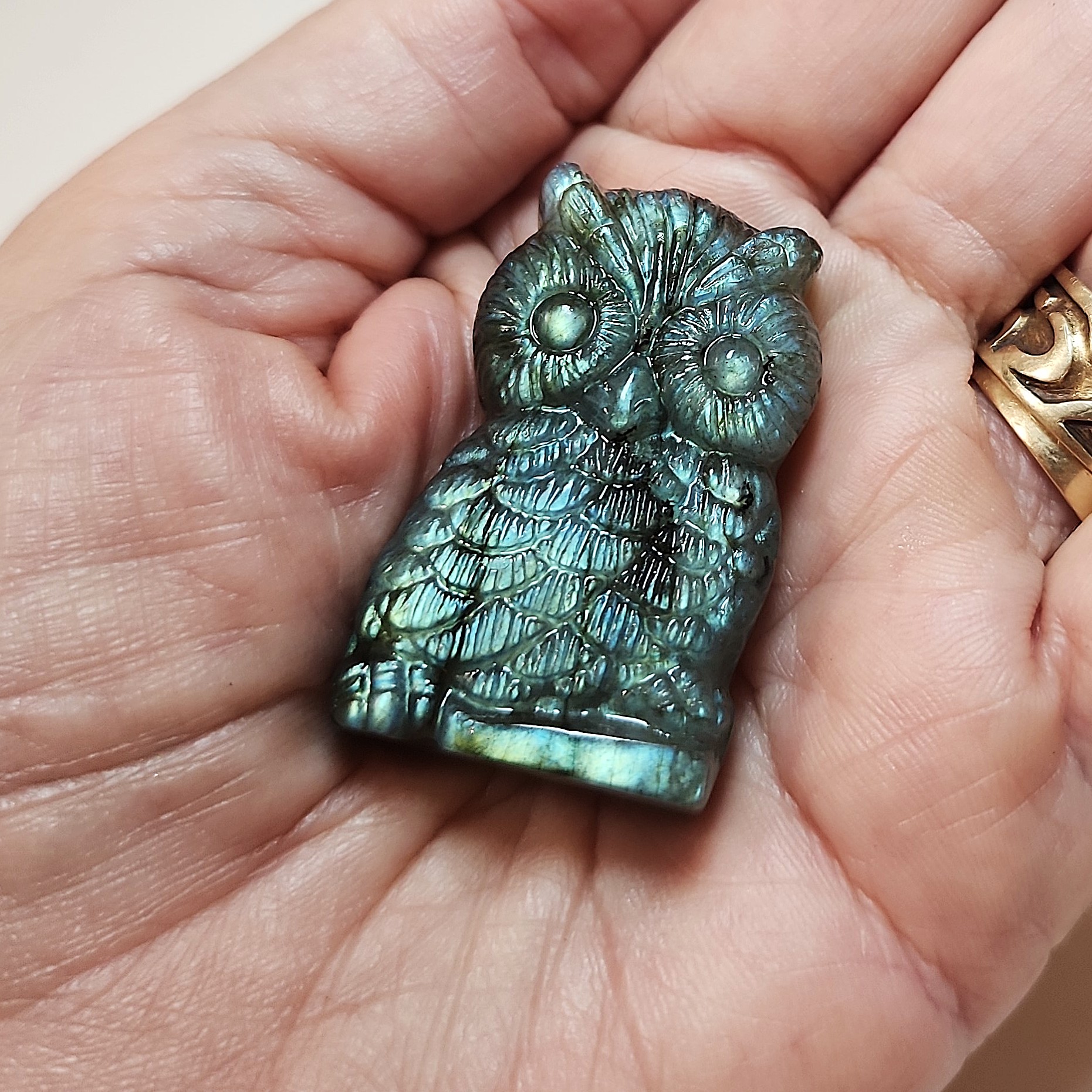 לברדורייט Labradorite — גילוף עבודת יד ינשוף עם ברק ירקרק – תמונה 5